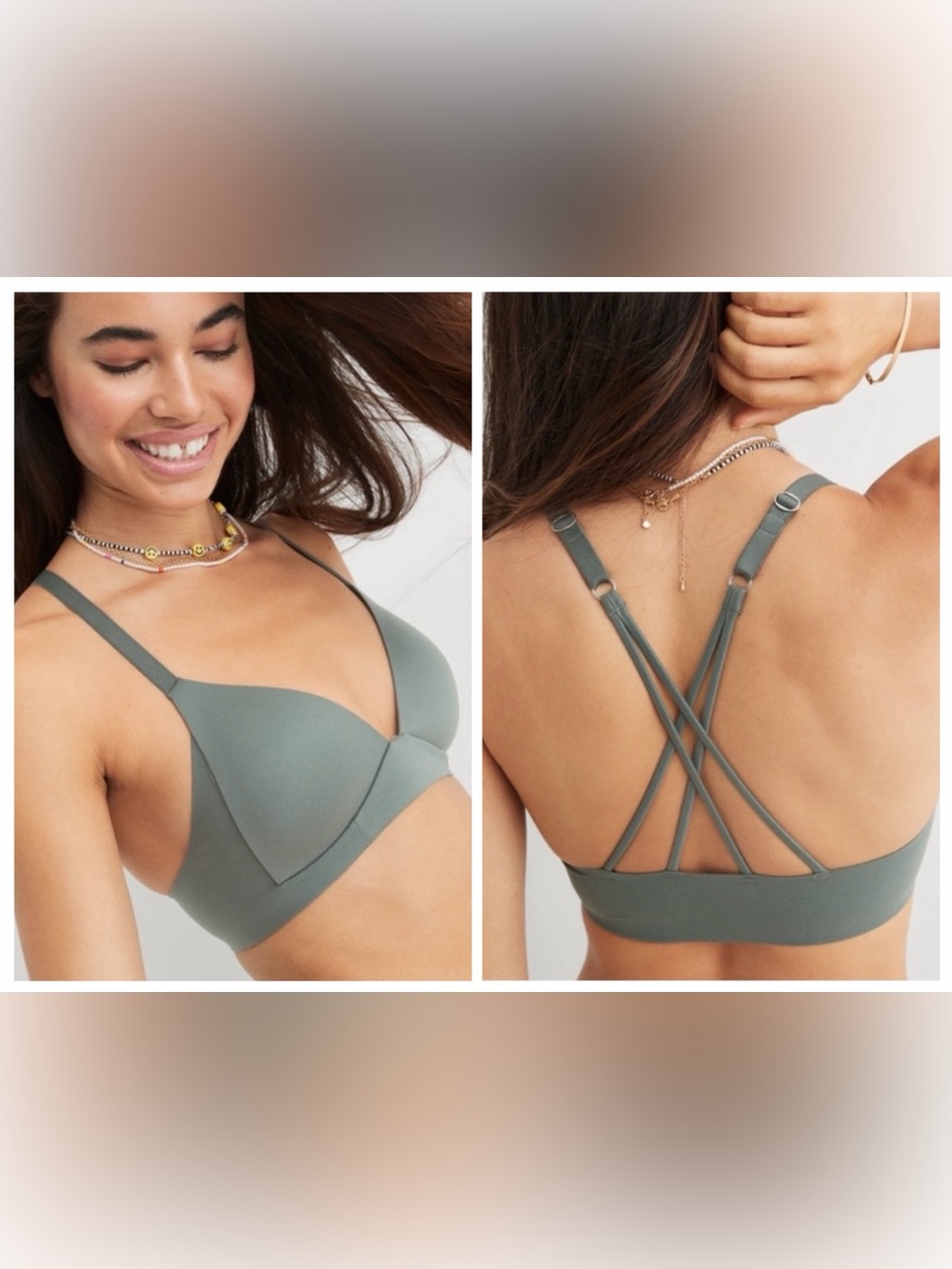 Aerie Real Sunnie Wireless Lightly Lined Bra Olive Green Strappy Back 34D